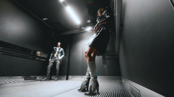 Джонни и Ви в лифте поднимаются к Ханако.