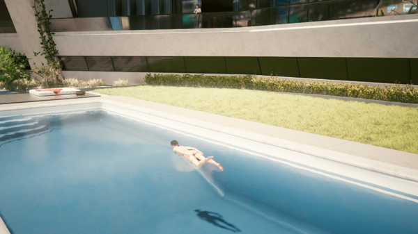 Джуди плавает в бассейне.