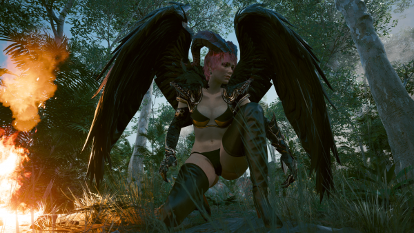 Ви-Суккуба ночью у костра в своём лесу.