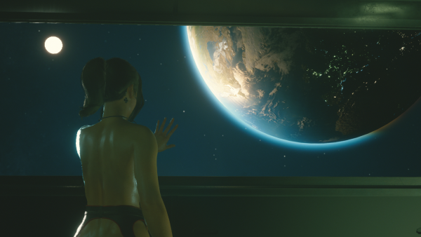 Луна, топлес Ви и Земля.